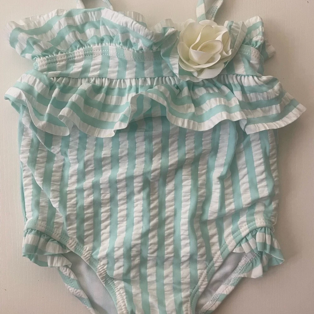 Janie and Jack Light Blue Striped Ruffle One-Piece Swimsuit with Floral Accents
